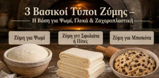 τρεις βασικοί τύποι ζύμης για ψωμί σφολιάτα και μπισκότα σε φόντο φούρνου