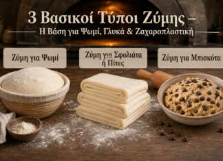 τρεις βασικοί τύποι ζύμης για ψωμί σφολιάτα και μπισκότα σε φόντο φούρνου