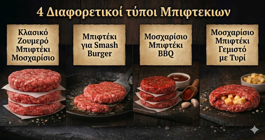Τέσσερις τύποι μπιφτεκιών burger — κλασικό, smash, BBQ και γεμιστό με τυρί σε σειρά