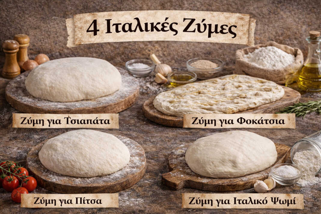 Τέσσερα κλασικά ιταλικά ψωμιά σε ξύλινο πάγκο — ciabatta, focaccia, πίτσα και λευκό καρβέλι