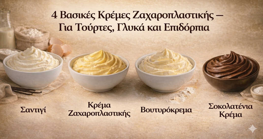 Τέσσερις κρέμες ζαχαροπλαστικής σε μπολ — σαντιγί, κάσταρντ, βουτυρόκρεμα και κρέμα σοκολάτας