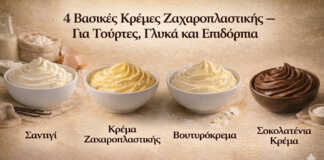 Τέσσερις κρέμες ζαχαροπλαστικής σε μπολ — σαντιγί, κάσταρντ, βουτυρόκρεμα και κρέμα σοκολάτας