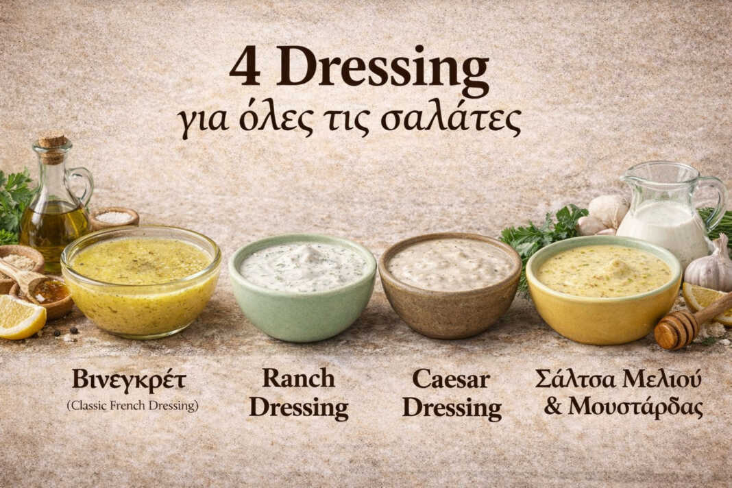 Τέσσερις σπιτικές σάλτσες σαλάτας σε μπολ — vinaigrette, ranch, caesar και honey mustard