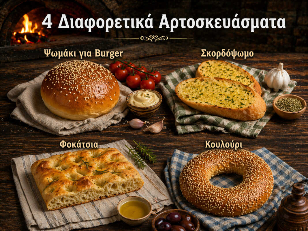 Τέσσερα σπιτικά αρτοσκευάσματα — burger buns, ψωμί σκόρδου, φοκάτσια και κουλούρι σε ξύλινο πάγκο