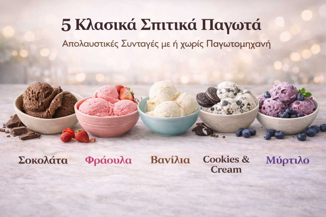 Ποικιλία από πέντε γεύσεις σπιτικού παγωτού σε μπολάκια, με σοκολάτα, φράουλα, βανίλια, cookies and cream και blueberry