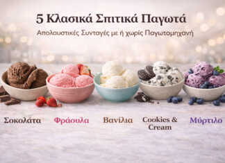 Ποικιλία από πέντε γεύσεις σπιτικού παγωτού σε μπολάκια, με σοκολάτα, φράουλα, βανίλια, cookies and cream και blueberry