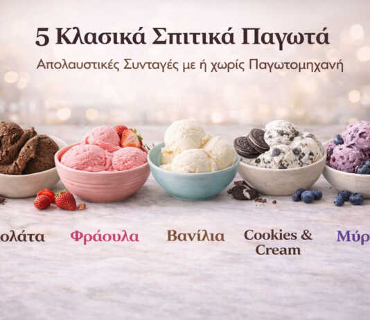 Ποικιλία από πέντε γεύσεις σπιτικού παγωτού σε μπολάκια, με σοκολάτα, φράουλα, βανίλια, cookies and cream και blueberry