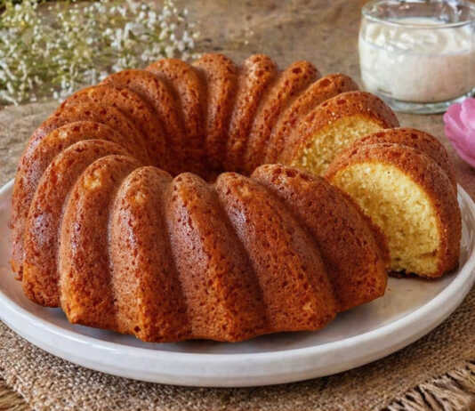 Χρυσαφένιο, καλοψημένο αφράτο κέικ βανίλιας (Sadə keks) μέσα σε πιατελα