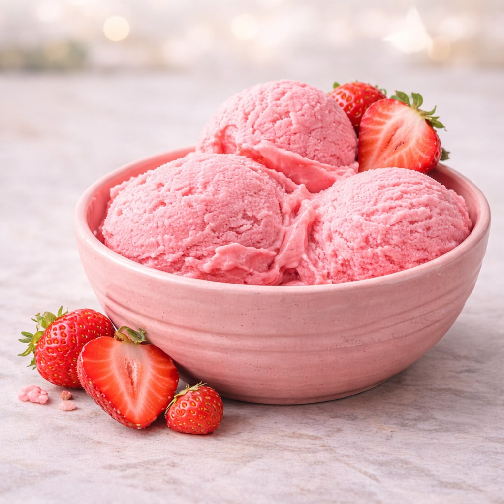 Σπιτικό παγωτό φράουλα σε χωνάκι και μπολ με απαλή ροζ απόχρωση και φρέσκια φρουτένια εμφάνιση