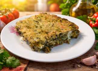 Κομμάτι χρυσαφένια και αφράτη χορτόπιτα χωρίς φύλλο μέσα σε μεγάλο ταψί, με ορατά κομμάτια φέτας και φρέσκου μάραθου στην επιφάνεια.