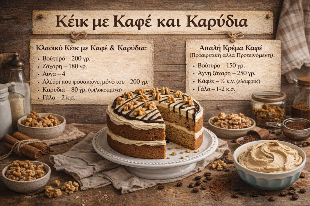 κέικ με καφέ και καρύδια με κρέμα καφέ σε μοντέρνα κουζίνα