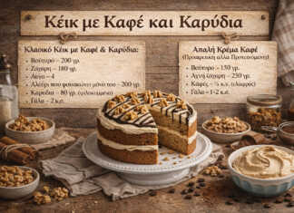 κέικ με καφέ και καρύδια με κρέμα καφέ σε μοντέρνα κουζίνα