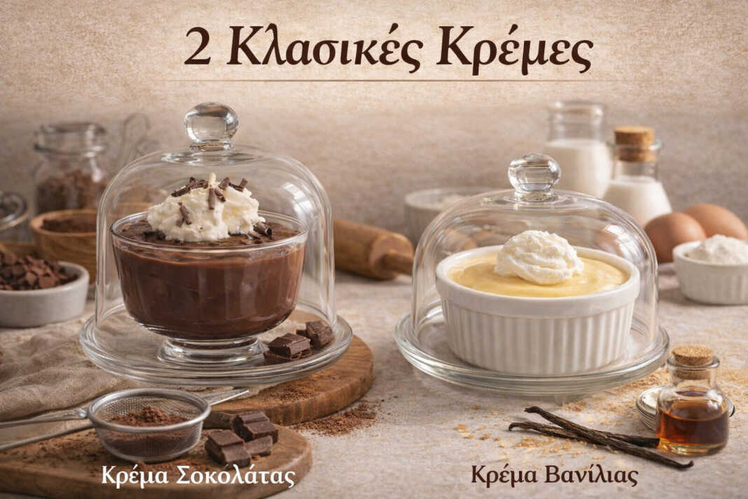 κρέμα σοκολάτα σε μπολ κρέμα βανίλια σε ποτήρι