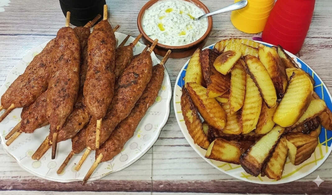 Ροδοκοκκινισμένα λουλά κεμπάπ σε ξυλάκια μέσα στο καλάθι του air fryer, σερβιρισμένα με δροσερό τζατζίκι.