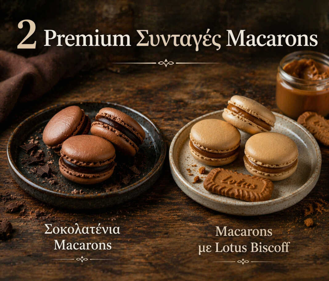 Σοκολατένια και Lotus Biscoff macarons σε σειρά — premium σπιτικά γλυκά με τέλεια πόδια