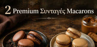 Σοκολατένια και Lotus Biscoff macarons σε σειρά — premium σπιτικά γλυκά με τέλεια πόδια