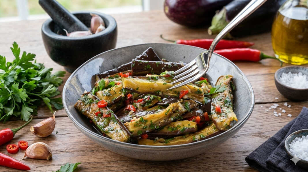 Ψημένες μπάρες μελιτζάνας μαριναρισμένες με φρέσκο βασιλικό, μαϊντανό και καυτερή πιπεριά μέσα σε γυάλινο μπολ.