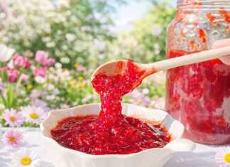 κατακόκκινη σπιτική μαρμελάδα φράουλα δίπλα σε φρέσκες ολόκληρες φράουλες και φέτες λεμονιού πάνω σε ξύλινη επιφάνεια.