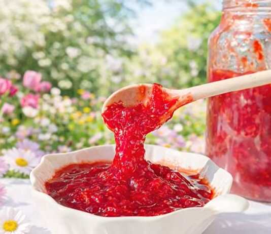 κατακόκκινη σπιτική μαρμελάδα φράουλα δίπλα σε φρέσκες ολόκληρες φράουλες και φέτες λεμονιού πάνω σε ξύλινη επιφάνεια.