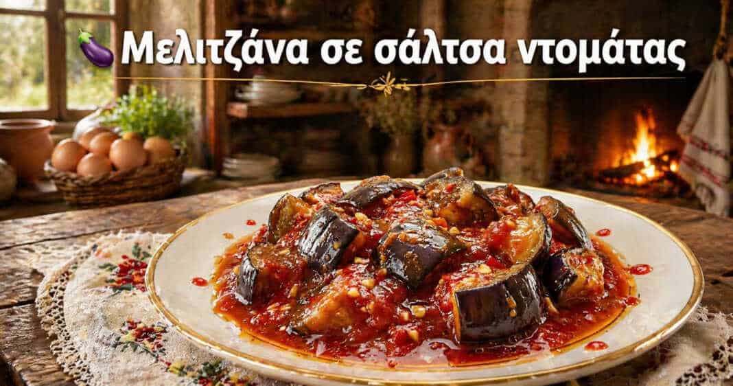 Γυάλινα αποστειρωμένα βάζα γεμάτα με ζουμερές μελιτζάνες σε πλούσια, σκορδάτη κόκκινη σάλτσα ντομάτας.