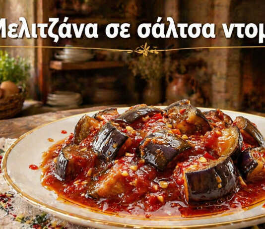 Γυάλινα αποστειρωμένα βάζα γεμάτα με ζουμερές μελιτζάνες σε πλούσια, σκορδάτη κόκκινη σάλτσα ντομάτας.