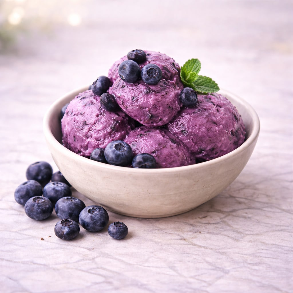 Σπιτικό παγωτό blueberry με φυσικό μωβ χρώμα και βελούδινη υφή σε μπολ