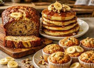 Ποικιλία γλυκών παρασκευασμάτων όπως muffins και pancakes φτιαγμένα από ώριμες μπανάνες σε έναν ξύλινο πάγκο.