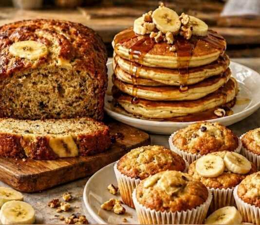 Ποικιλία γλυκών παρασκευασμάτων όπως muffins και pancakes φτιαγμένα από ώριμες μπανάνες σε έναν ξύλινο πάγκο.