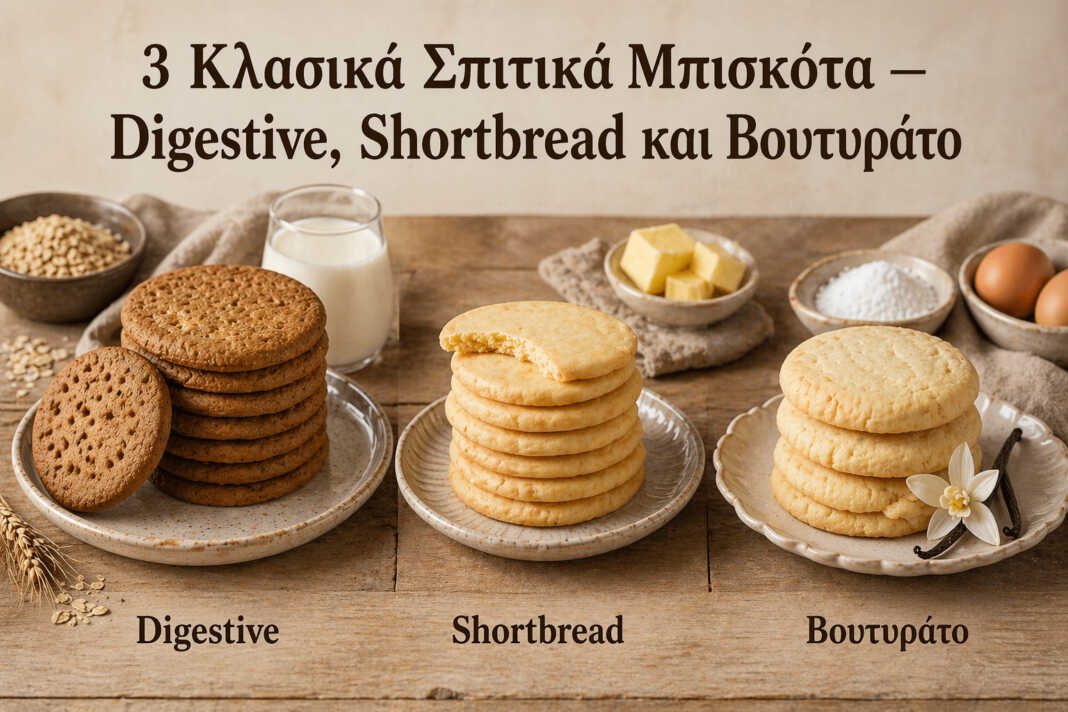 Τρία κλασικά σπιτικά μπισκότα σε πιάτο — digestive, shortbread και βουτυράτα