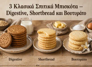 Τρία κλασικά σπιτικά μπισκότα σε πιάτο — digestive, shortbread και βουτυράτα