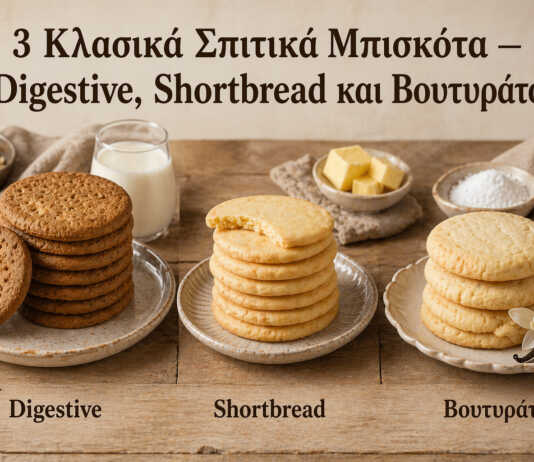 Τρία κλασικά σπιτικά μπισκότα σε πιάτο — digestive, shortbread και βουτυράτα