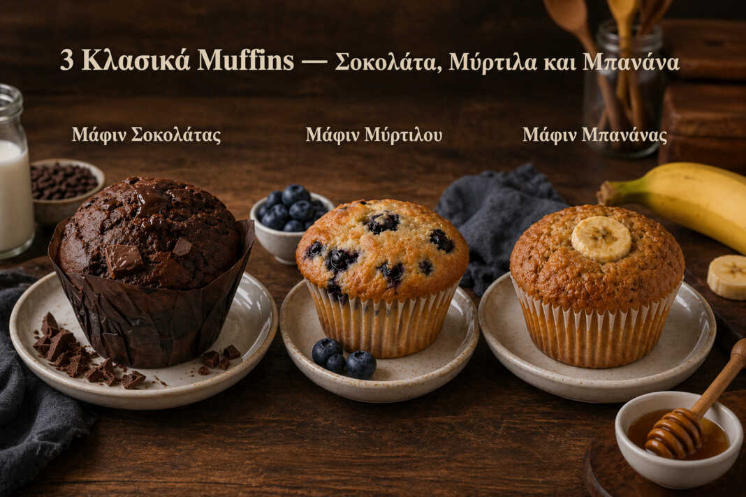 Τρία κλασικά muffins σε σειρά — σοκολάτας, μύρτιλων και μπανάνας σε χάρτινα καλούπια