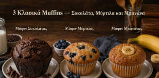 Τρία κλασικά muffins σε σειρά — σοκολάτας, μύρτιλων και μπανάνας σε χάρτινα καλούπια
