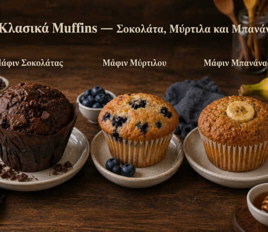 Τρία κλασικά muffins σε σειρά — σοκολάτας, μύρτιλων και μπανάνας σε χάρτινα καλούπια