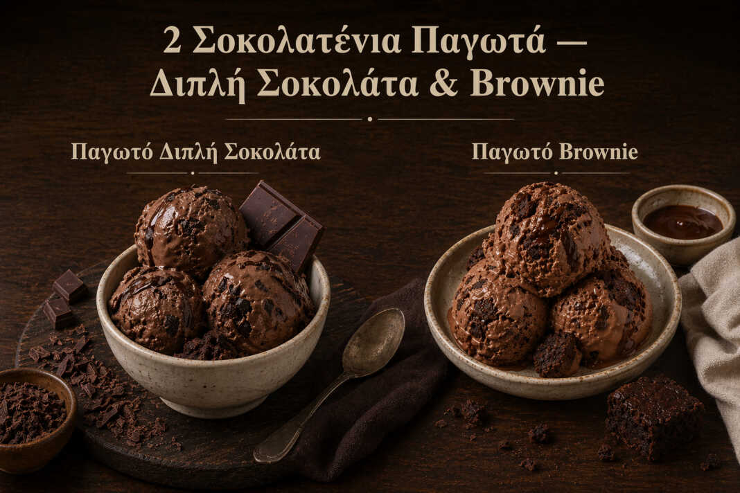 δύο είδη σοκολατένιου παγωτού σε μπολ με έντονο χρώμα