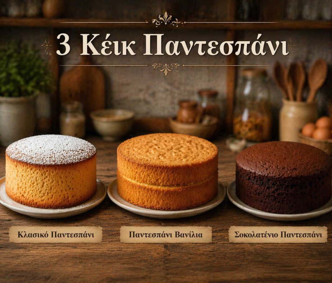 Τρία παντεσπάνια σε σειρά — κλασικό, βανίλια και σοκολάτα σε φέτες που φαίνεται το αέρινο εσωτερικό