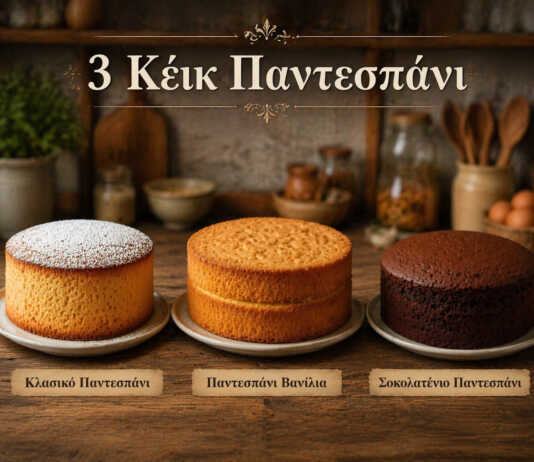 Τρία παντεσπάνια σε σειρά — κλασικό, βανίλια και σοκολάτα σε φέτες που φαίνεται το αέρινο εσωτερικό