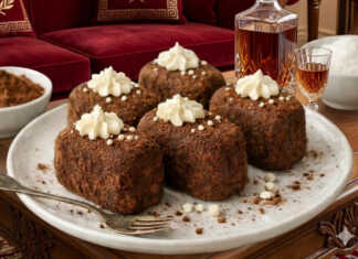 Σοκολατένια παστάκια πασπαλισμένα με κακάο και διακοσμημένα με μικρές σταγόνες κρέμας στην κορυφή.