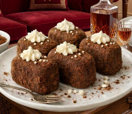 Σοκολατένια παστάκια πασπαλισμένα με κακάο και διακοσμημένα με μικρές σταγόνες κρέμας στην κορυφή.