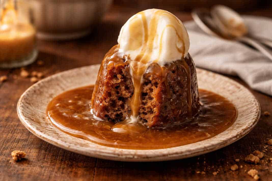 Ζεστό κομμάτι πουτιγκας περιχυμένο με άφθονη χρυσή σάλτσα καραμέλας, συνοδευόμενο από μια μπάλα παγωτό βανίλια