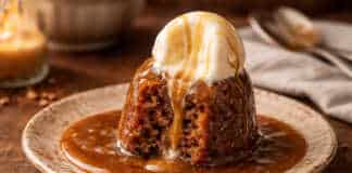 Ζεστό κομμάτι πουτιγκας περιχυμένο με άφθονη χρυσή σάλτσα καραμέλας, συνοδευόμενο από μια μπάλα παγωτό βανίλια