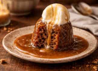 Ζεστό κομμάτι πουτιγκας περιχυμένο με άφθονη χρυσή σάλτσα καραμέλας, συνοδευόμενο από μια μπάλα παγωτό βανίλια