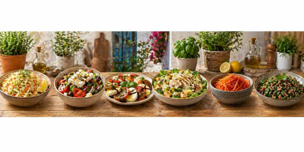 Ποικιλία από πολύχρωμες, φρέσκες σαλάτες με λαχανικά, βότανα και ελαιόλαδο σε ξύλινο τραπέζι.