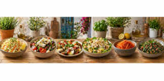 Ποικιλία από πολύχρωμες, φρέσκες σαλάτες με λαχανικά, βότανα και ελαιόλαδο σε ξύλινο τραπέζι.