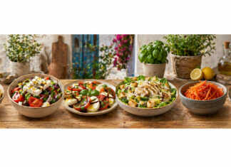 Ποικιλία από πολύχρωμες, φρέσκες σαλάτες με λαχανικά, βότανα και ελαιόλαδο σε ξύλινο τραπέζι.