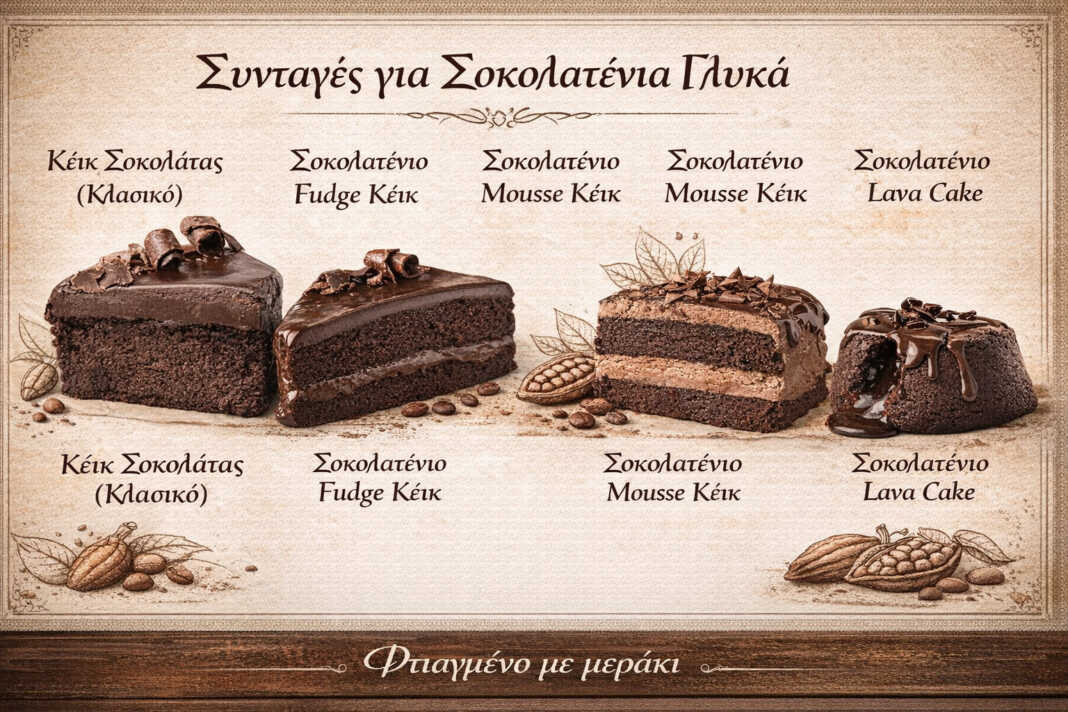 Τέσσερα σοκολατένια κέικ — κλασικό, fudge, μους και lava cake σε σειρά για σύγκριση