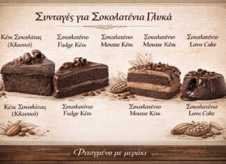 Τέσσερα σοκολατένια κέικ — κλασικό, fudge, μους και lava cake σε σειρά για σύγκριση