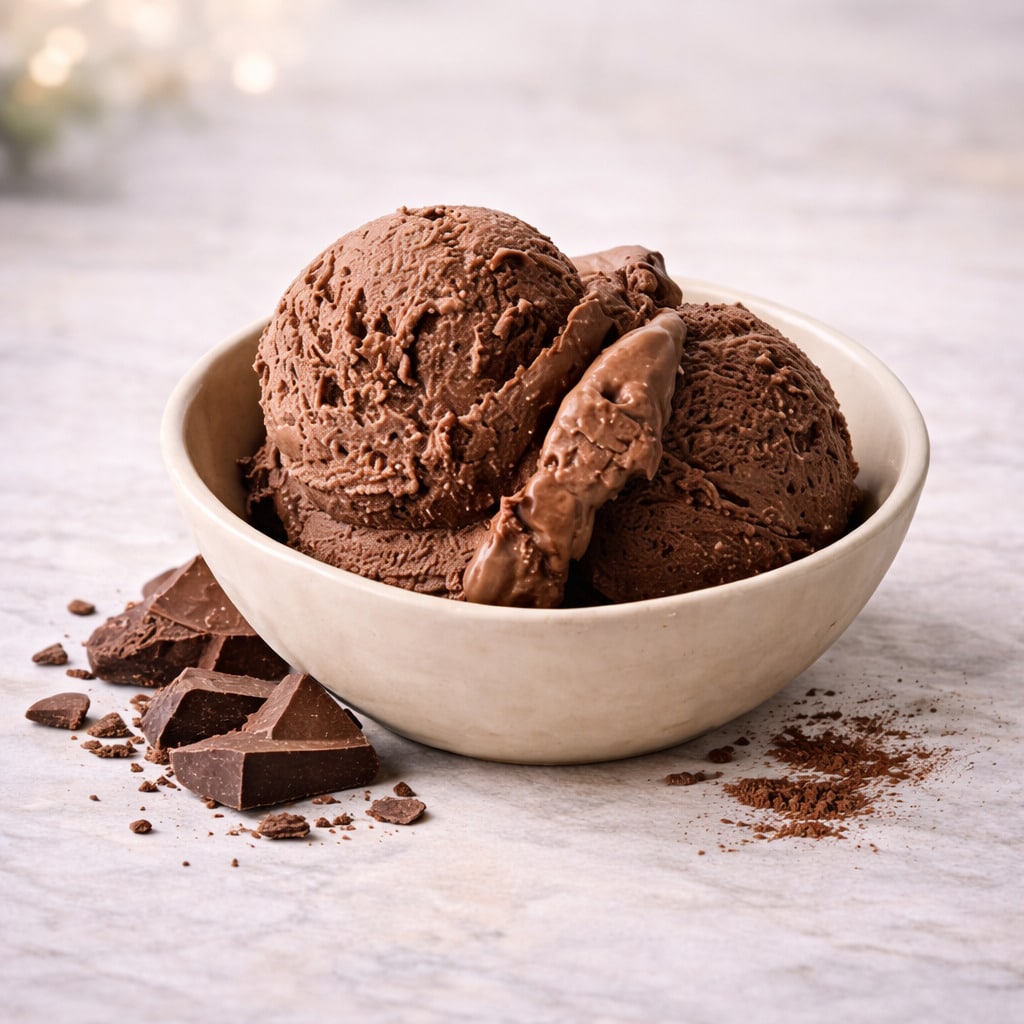 Σπιτικό παγωτό σοκολάτα σε μπολ με πλούσια κρεμώδη υφή και βαθύ σοκολατένιο χρώμα