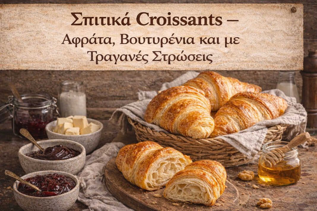 σπιτικά croissants βουτύρου με μαρμελάδα μέλι και σοκολάτα σε rustic κουζίνα