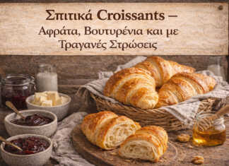 σπιτικά croissants βουτύρου με μαρμελάδα μέλι και σοκολάτα σε rustic κουζίνα